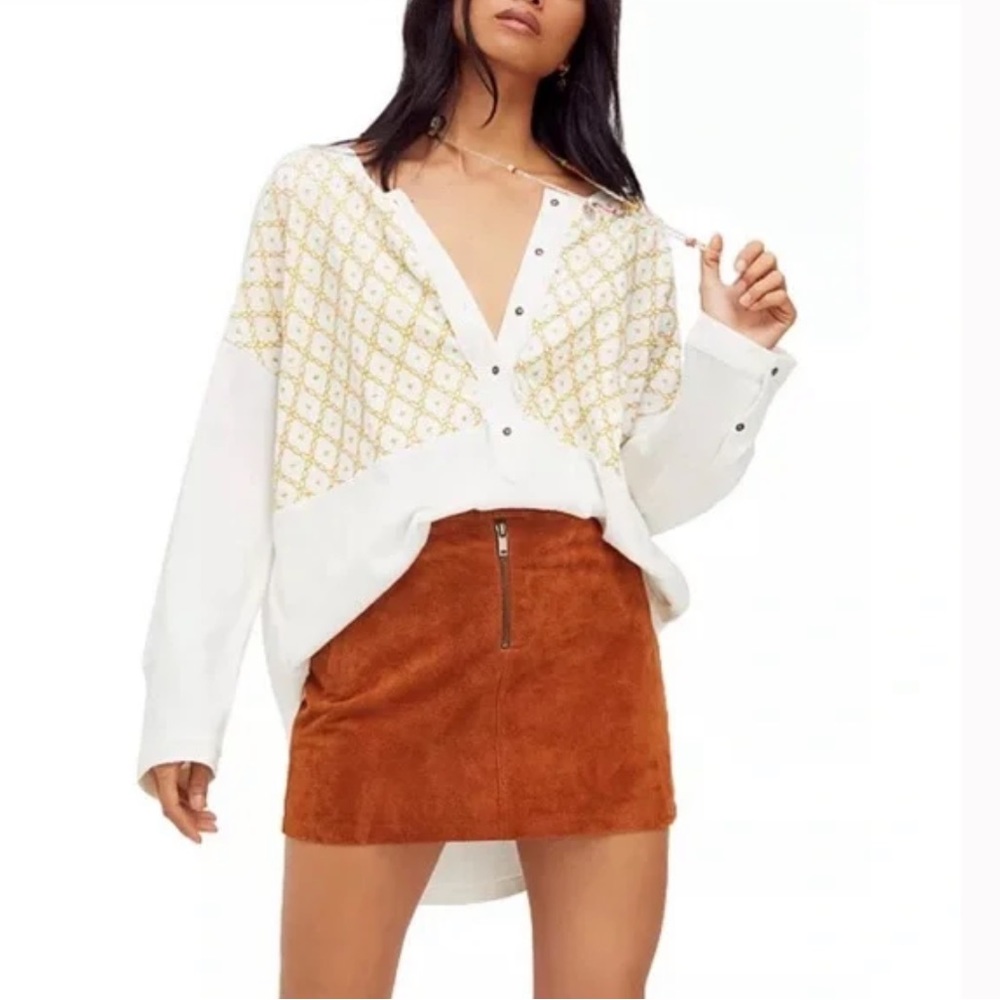 We The Free Spirit Embroidered Oversized Henley Longsleeve Shirt Sz L
